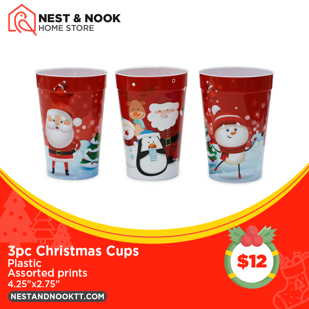 Three plastic cups with cute Christmas prints of Santa and friends, front view