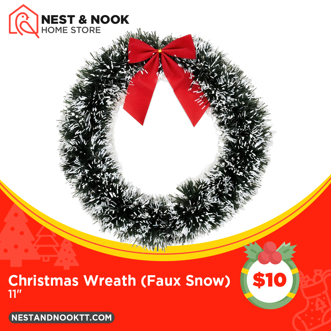 faux Snow White tip Christmas wreath with red bow