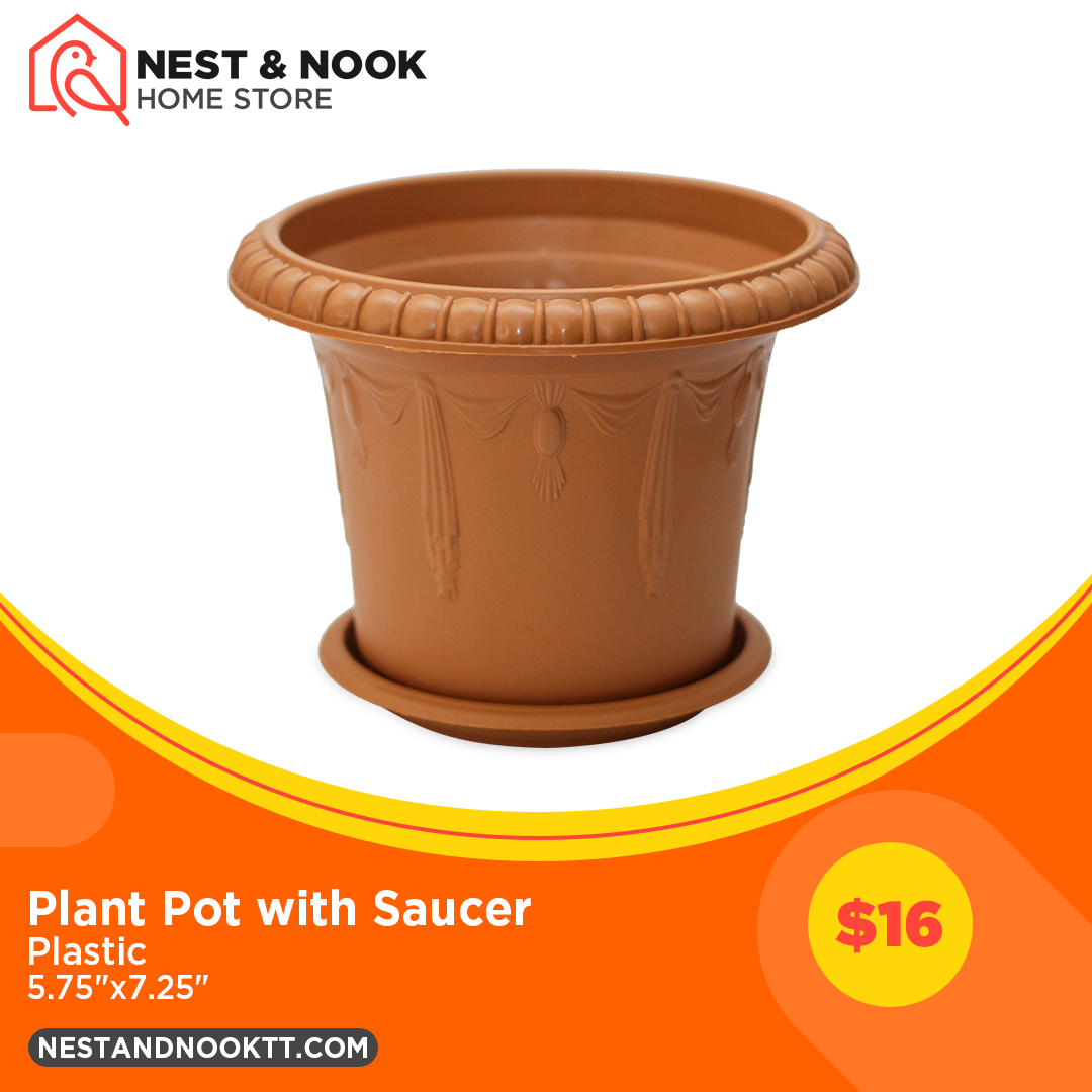 Terracotta plastic plant pot with saucer