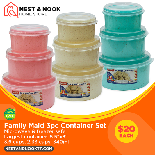 three piece set of round plastic containers, front view
