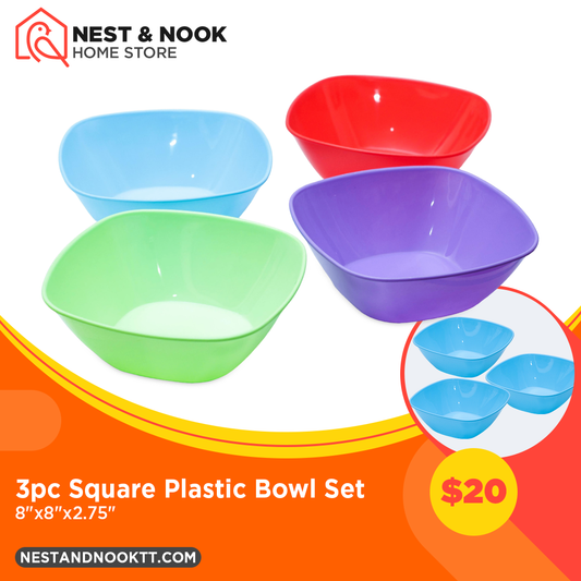 3pc Square Plastic Bowl Set