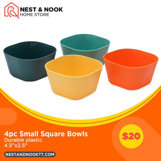 4 piece plastic small square bowls in 4 bright colours